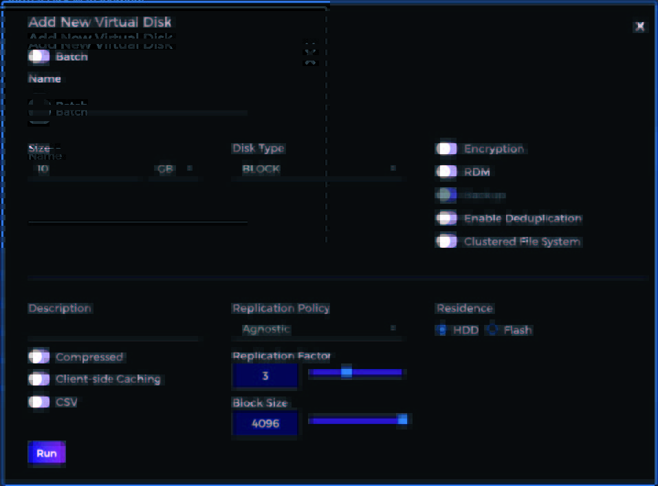 Hedvig WebUI: "Add New Virtual Disk" dialog