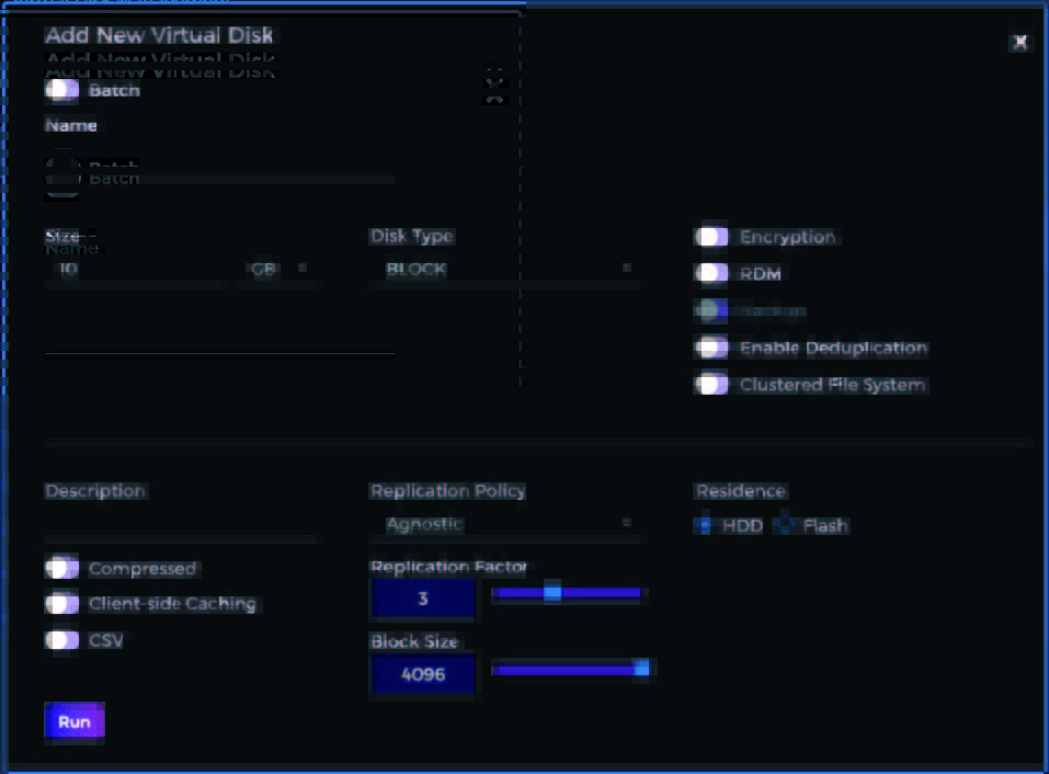 Hedvig WebUI: "Add New Virtual Disk" dialog