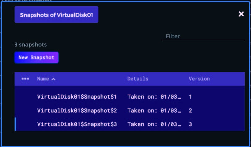 Hedvig WebUI: "Snapshot Management" dialog
