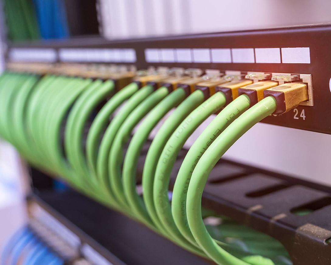 Sustainability - An even row of curving green server cables