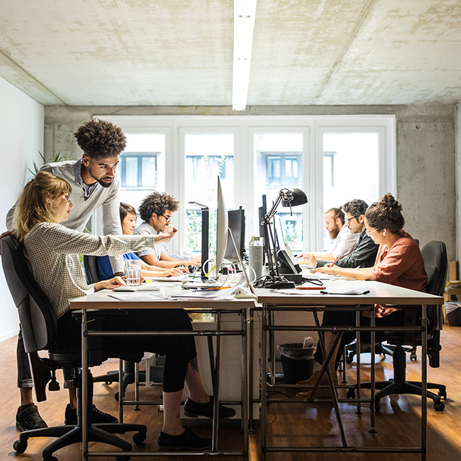 A diverse team works together at long desks