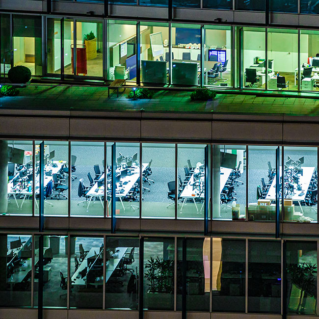 Three floors of a modern high-rise office building