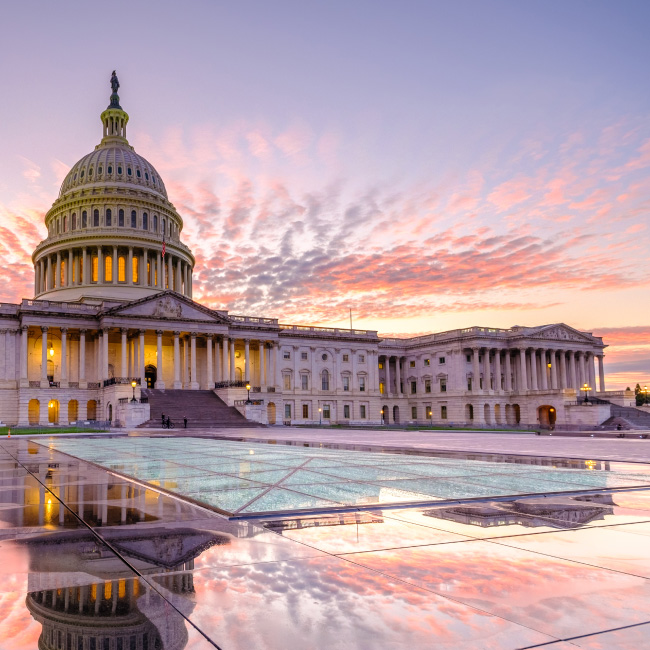United States Capitol building at sunset