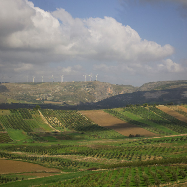 A scenic view of a field featuring a wind farm in the distance.