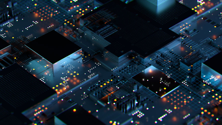 A computer circuit board illuminated by various lights, showcasing intricate electronic components.