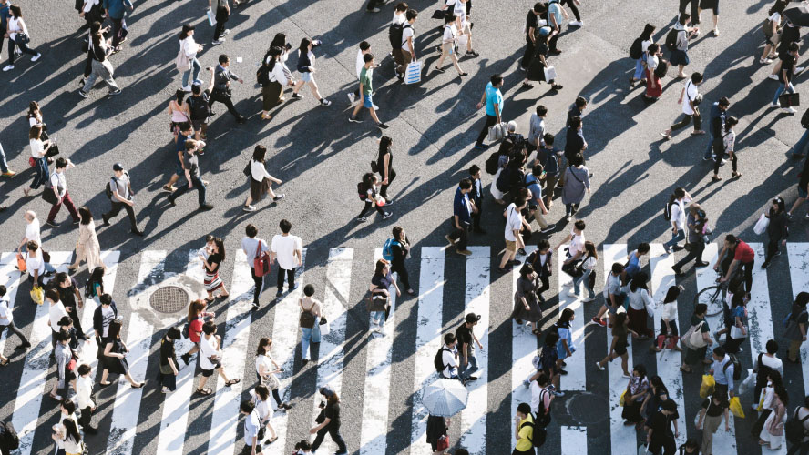 A bird's eye view of pedestrians crossing a busy street.